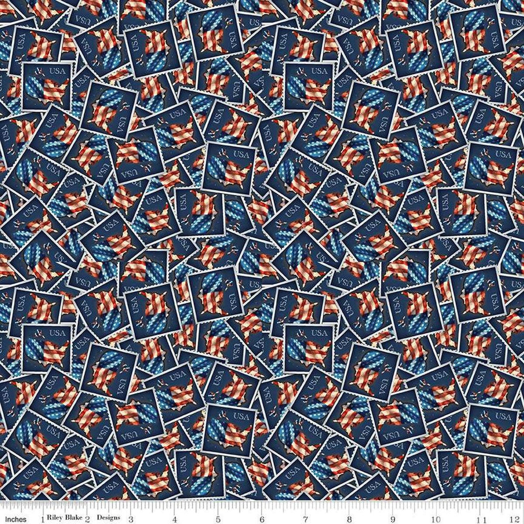 Image of the Letters From Home Stamps Navy quilting cotton fabric by Riley Blake Designs. Features American themed prints on a navy background. Cute Little Fabric Shop