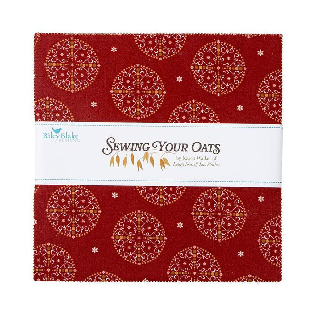 Image of the Sewing your Oats 10 Inch Stacker by Karen Walker for Riley Blake Designs. Features farm themed fabrics on various red, green, and gray backgrounds. 
Cute Little Fabric Shop