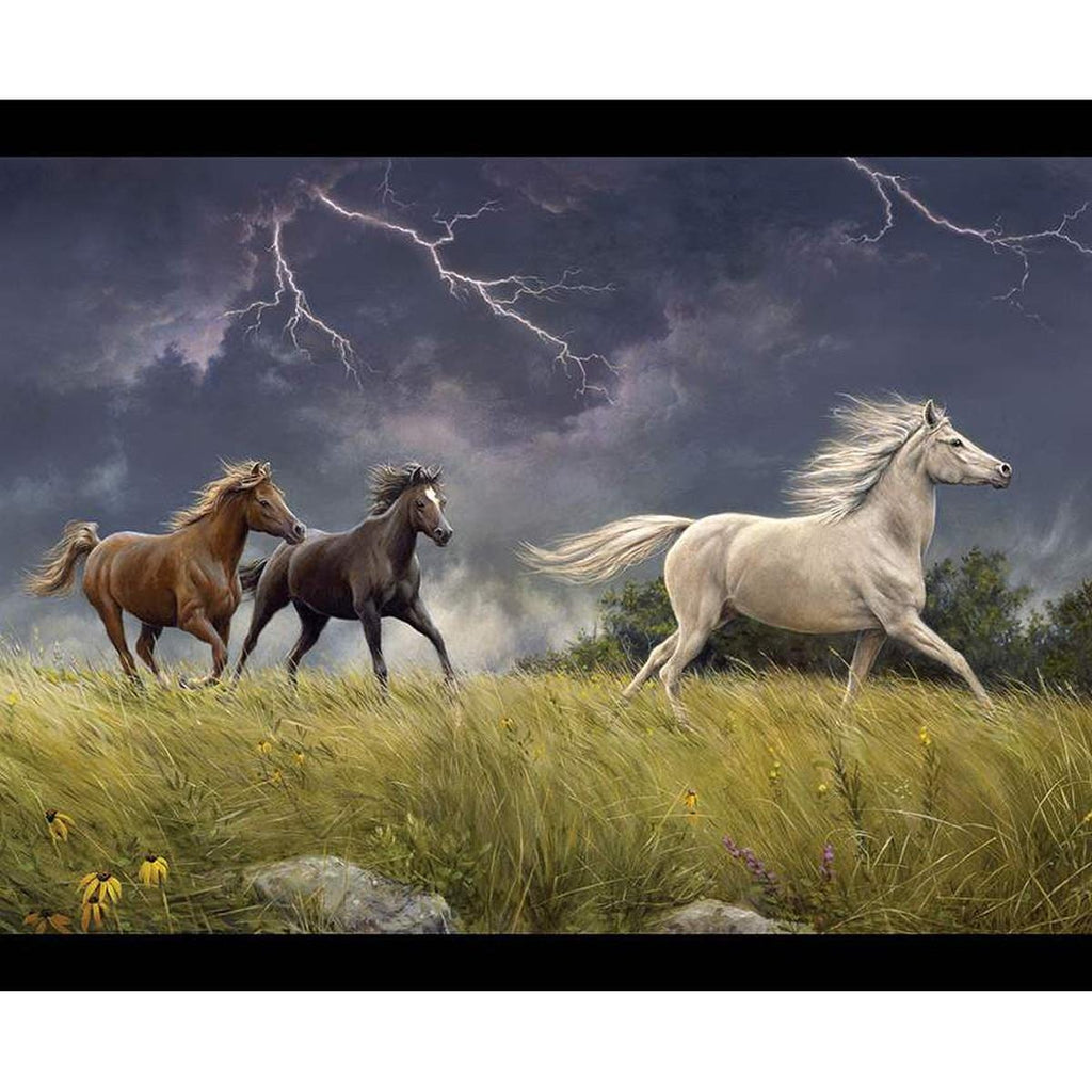 Image of the Wild Horses Storm on the Prairie Panel
 quilting cotton fabric by Riley Blake Designs. Features horses and lightning in the background.
Cute Little Fabric Shop
