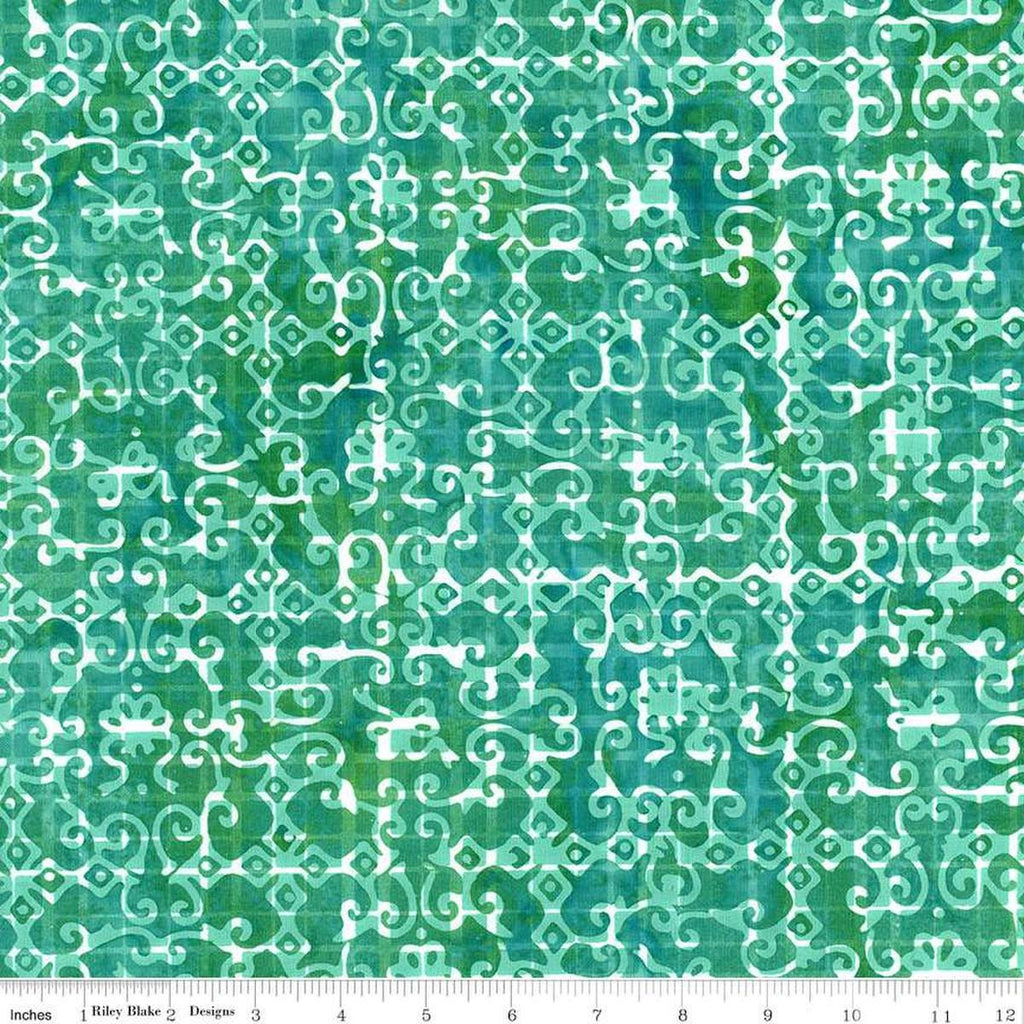 Image of the Expressions Batiks Sassy and Tweet Aquamarine quilting cotton fabric. Features an abstract design on a teal background. Cute Little Fabric Shop