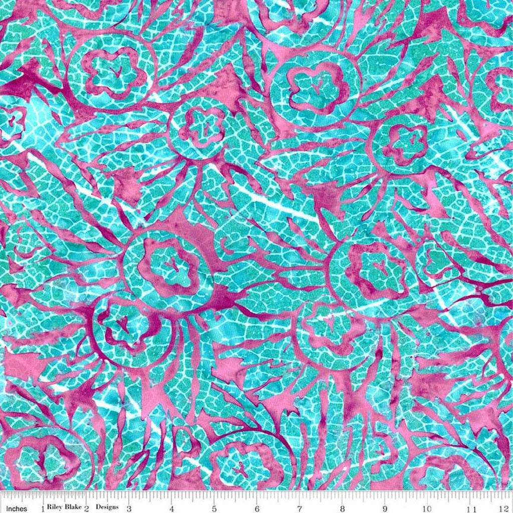 Image of the Expressions Batiks Bedazzled! Raspberry Jade quilting cotton fabric by Pat Fryer for Riley Blake Designs. Features a flower pattern on a pink background. 
Cute Little Fabric Shop