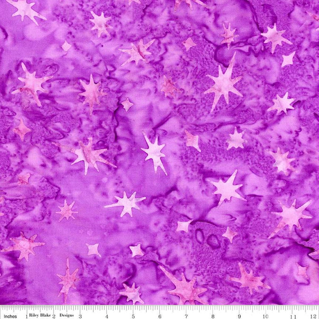 Image of the Expressions Batiks Bedazzled! Creme de Violet quilting cotton fabric by Pat Fryer for Riley Blake Designs. Features an abstract star pattern on a purple background. 
Cute Little Fabric Shop