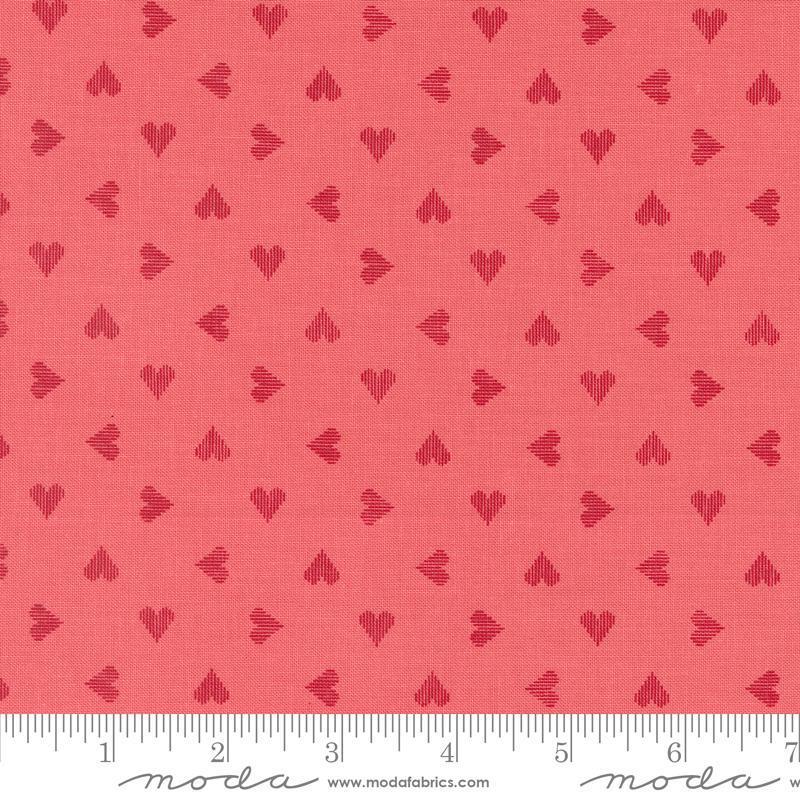 Image of the Love Blooms Sweetheart Lipstick quilting cotton fabric by Moda Fabrics. Features a checkered pattern on a red background. Cute Little Fabric Shop