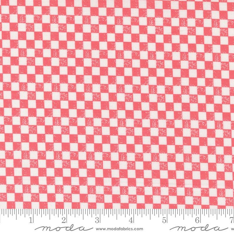 Image of the Love Blooms Checkers Lipstick quilting cotton fabric by Moda Fabrics. Features a checkered pattern on a pink background. Cute Little Fabric Shop