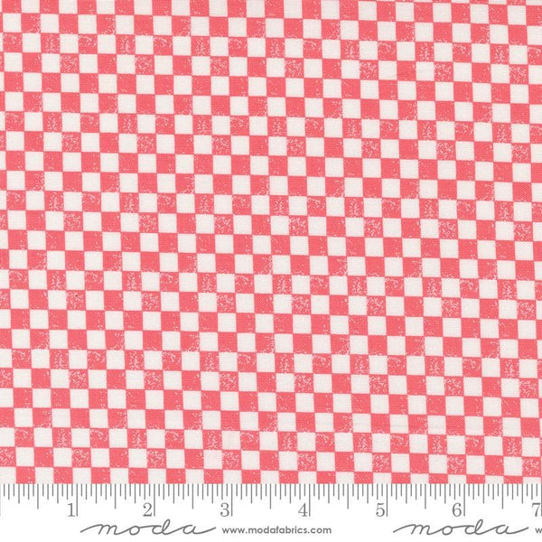 Image of the Love Blooms Checkers Lipstick quilting cotton fabric by Moda Fabrics. Features a checkered pattern on a pink background. Cute Little Fabric Shop