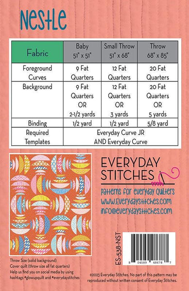 Image of the Nestle quilt pattern by Everyday Stitches for Moda Fabrics. Features the fabric requirements for the pattern. 
Cute Little Fabric Shop