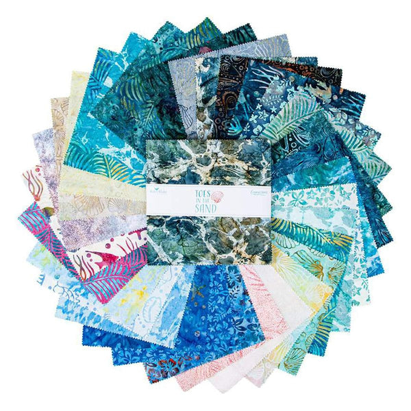 Image of the Toes in the Sand batik expressions 10 inch stacker by Riley Blake Designs. Features ocean themed fabrics. 
Cute Little Fabric Shop