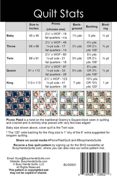 Image of the Picnic Plaid Quilt Pattern by Busy Hands Quilts for Riley Blake Designs. Features the fabric requirements.
Cute Little Fabric Shop