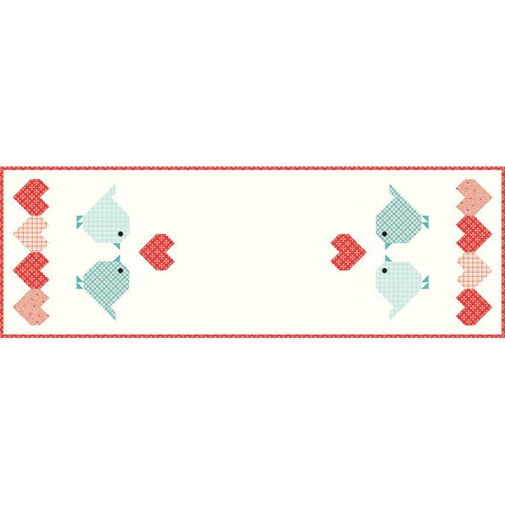 Image of the Heart to Heart Runner Boxed Kit by Sandy Gervais for Riley Blake Designs. Features hearts and birds on a cream background. 
Cute Little Fabric Shop