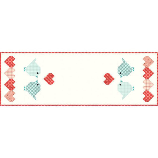 Image of the Heart to Heart Runner Boxed Kit by Sandy Gervais for Riley Blake Designs. Features hearts and birds on a cream background. 
Cute Little Fabric Shop