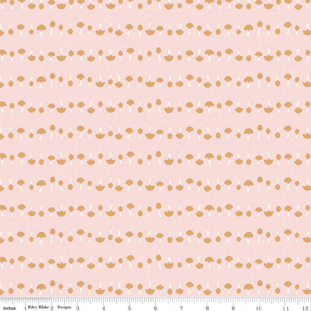 Image of the Forest Village Mushrooms Pink quilting cotton fabric by Little Forest Atelier for Riley Blake Designs. Features a mushrooms on a pink background. Cute Little Fabric Shop