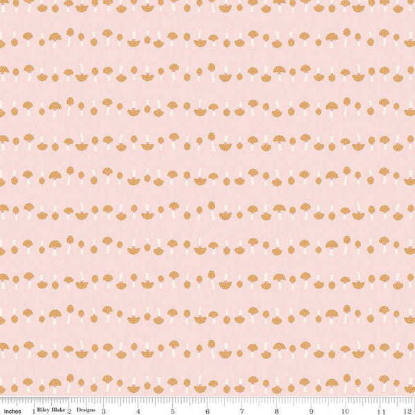 Image of the Forest Village Mushrooms Pink quilting cotton fabric by Little Forest Atelier for Riley Blake Designs. Features a mushrooms on a pink background. Cute Little Fabric Shop