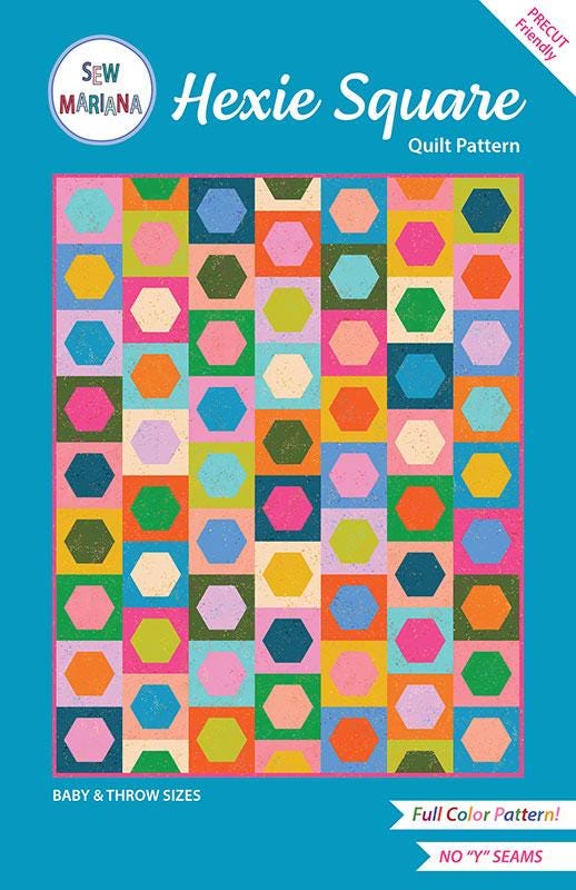 Image of the Hexie Square quilt pattern by Sew Mariana for Moda Fabrics. Features a geometric quilt. 
Cute Little Fabric Shop
