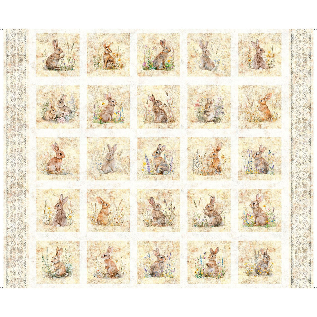 Image of the Hunny Bunny patches quilting cotton fabric by Morris Creative Group for QT Fabrics. Features a bunny on a cream fabric. 
Cute Little Fabric Shop