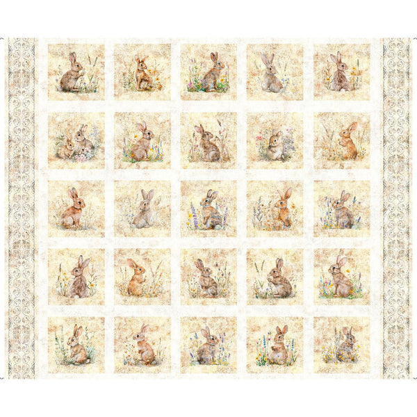 Image of the Hunny Bunny patches quilting cotton fabric by Morris Creative Group for QT Fabrics. Features a bunny on a cream fabric. 
Cute Little Fabric Shop