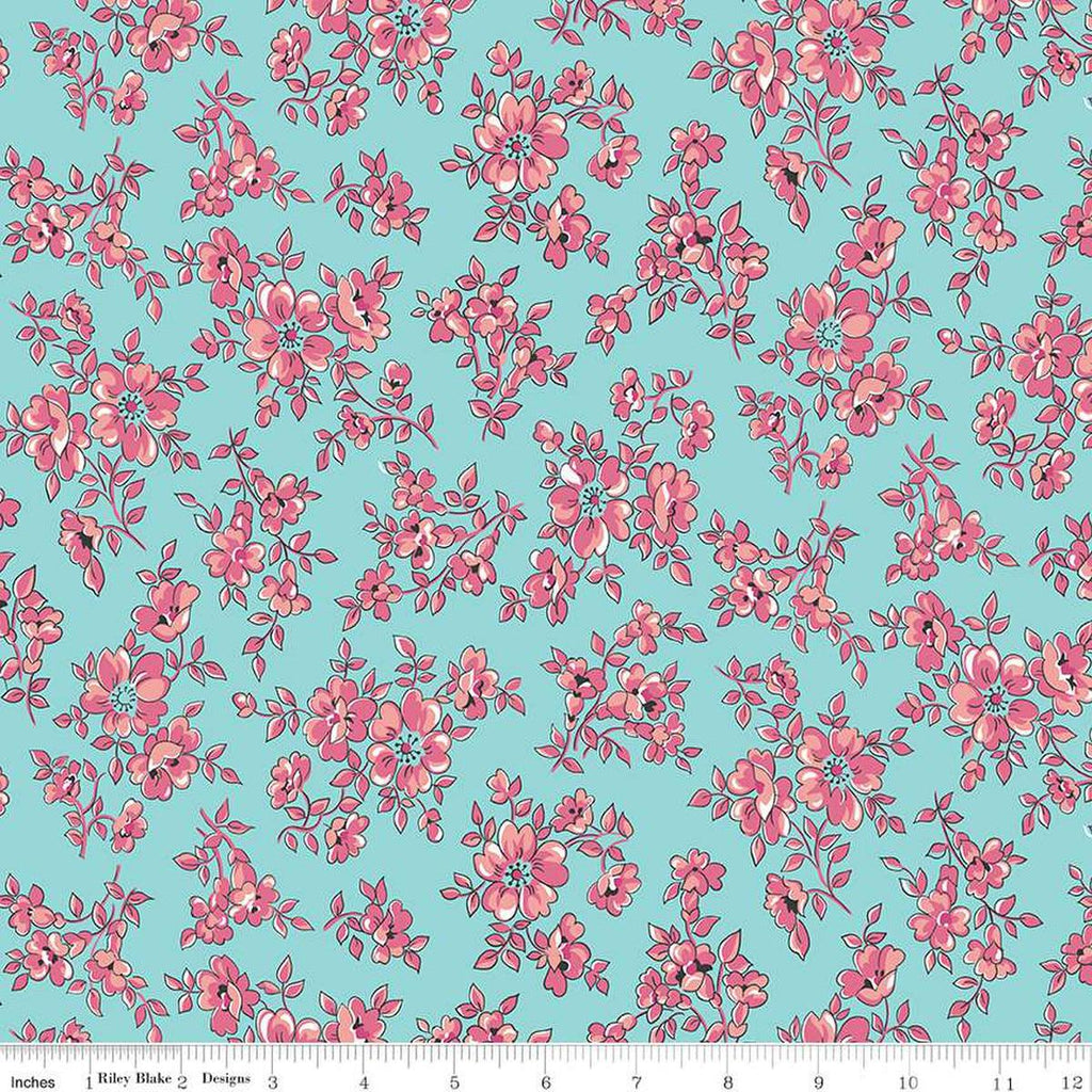Image of the Precious Petites Blossoms Aqua quilting cotton fabric by Gerri Robinson for Riley Blake Designs. Features small flowers on a blue background. Cute Little Fabric Shop