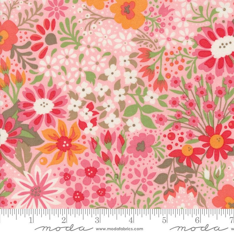 Image of the Sunday Brunch Florals Bellini quilting cotton fabric by Moda Fabrics. Features flowers on a pink background. Cute Little Fabric Shop