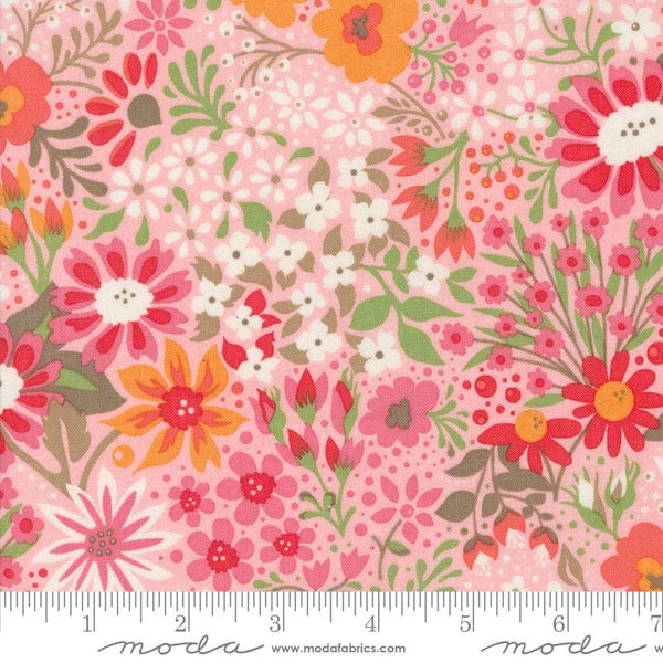 Image of the Sunday Brunch Florals Bellini quilting cotton fabric by Moda Fabrics. Features flowers on a pink background. Cute Little Fabric Shop