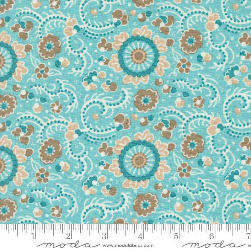 Image of the Sunday Brunch Blintz Mint Tea quilting cotton fabric by Moda Fabrics. Features flowers on a teal background. Cute Little Fabric Shop
