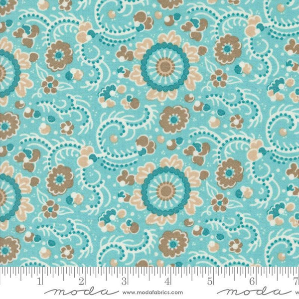 Image of the Sunday Brunch Blintz Mint Tea quilting cotton fabric by Moda Fabrics. Features flowers on a teal background. Cute Little Fabric Shop