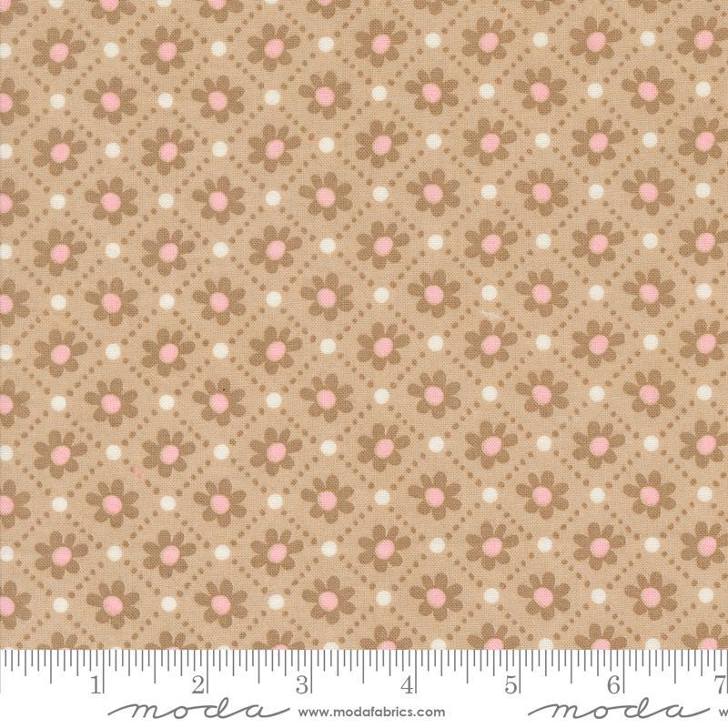 Image of the Sunday Brunch Pastry Tea quilting cotton fabric by Moda Fabrics. Features flowers on a brown background. Cute Little Fabric Shop