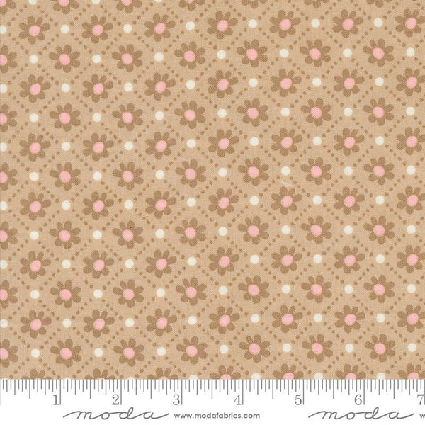 Image of the Sunday Brunch Pastry Tea quilting cotton fabric by Moda Fabrics. Features flowers on a brown background. Cute Little Fabric Shop
