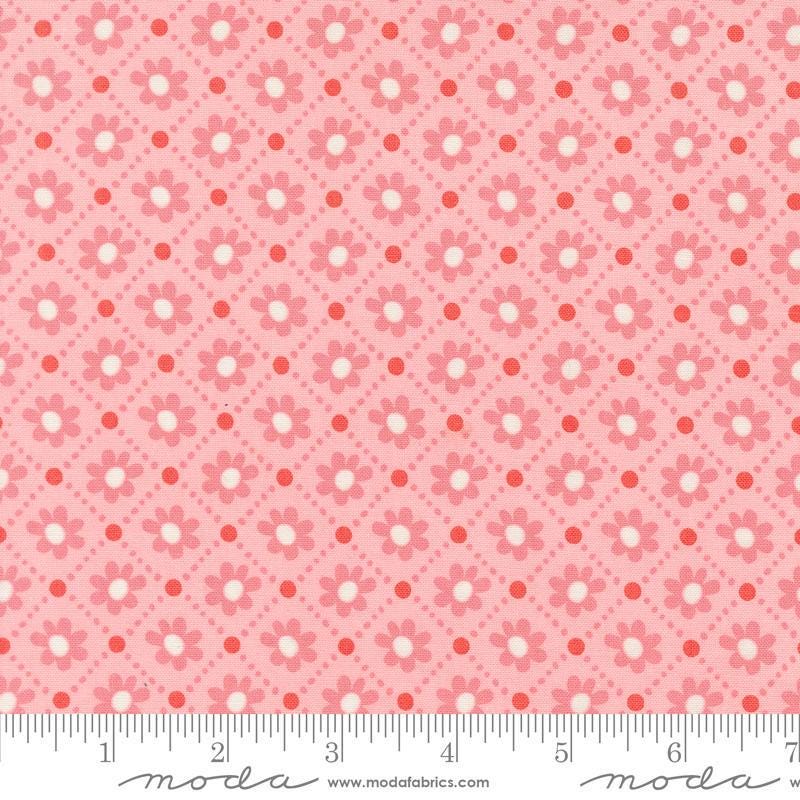Image of the Sunday Brunch Pastry Bellini quilting cotton fabric by Moda Fabrics. Features flowers on a pink background. Cute Little Fabric Shop