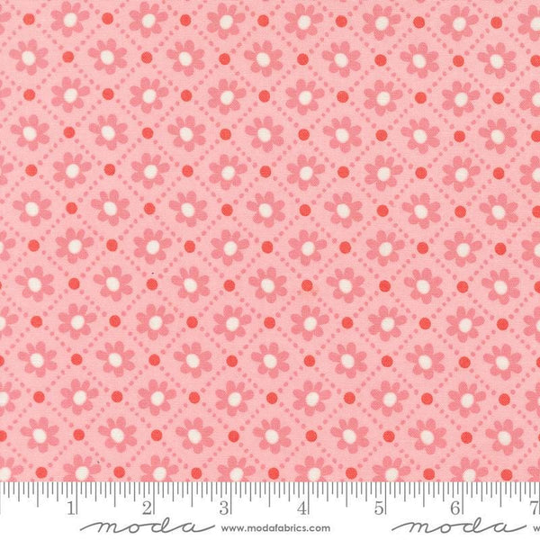 Image of the Sunday Brunch Pastry Bellini quilting cotton fabric by Moda Fabrics. Features flowers on a pink background. Cute Little Fabric Shop