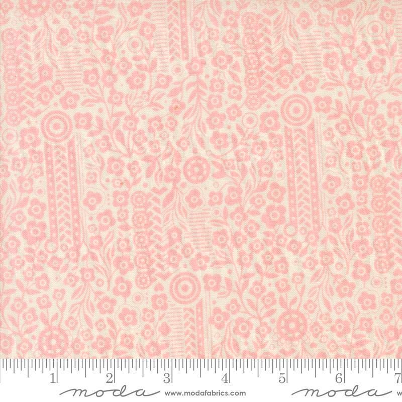 Image of the Sunday Brunch Souffle Bellini quilting cotton fabric by Moda Fabrics. Features flowers on a pink background. Cute Little Fabric Shop