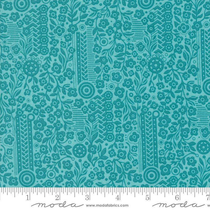 Image of the Sunday Brunch Souffle Mint Tea quilting cotton fabric by Moda Fabrics. Features flowers on a teal background. Cute Little Fabric Shop