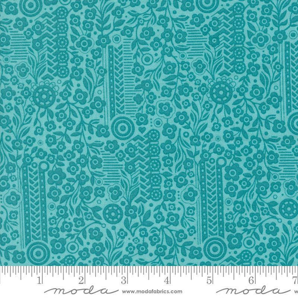 Image of the Sunday Brunch Souffle Mint Tea quilting cotton fabric by Moda Fabrics. Features flowers on a teal background. Cute Little Fabric Shop