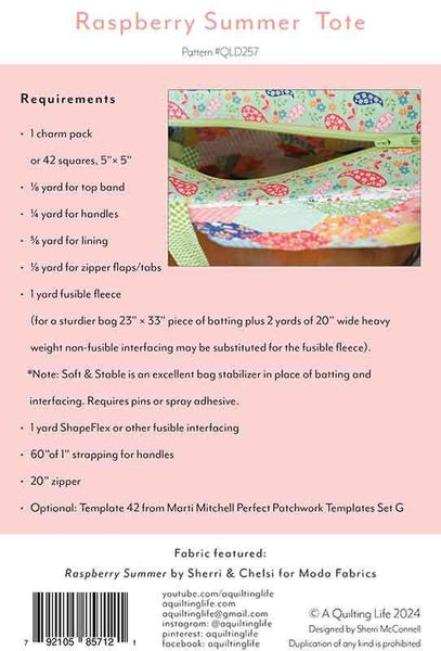 Image of the Raspberry Summer Tote quilt pattern by Sherri McConnell for Moda Fabrics. Features the fabric requirements.
Cute Little Fabric Shop