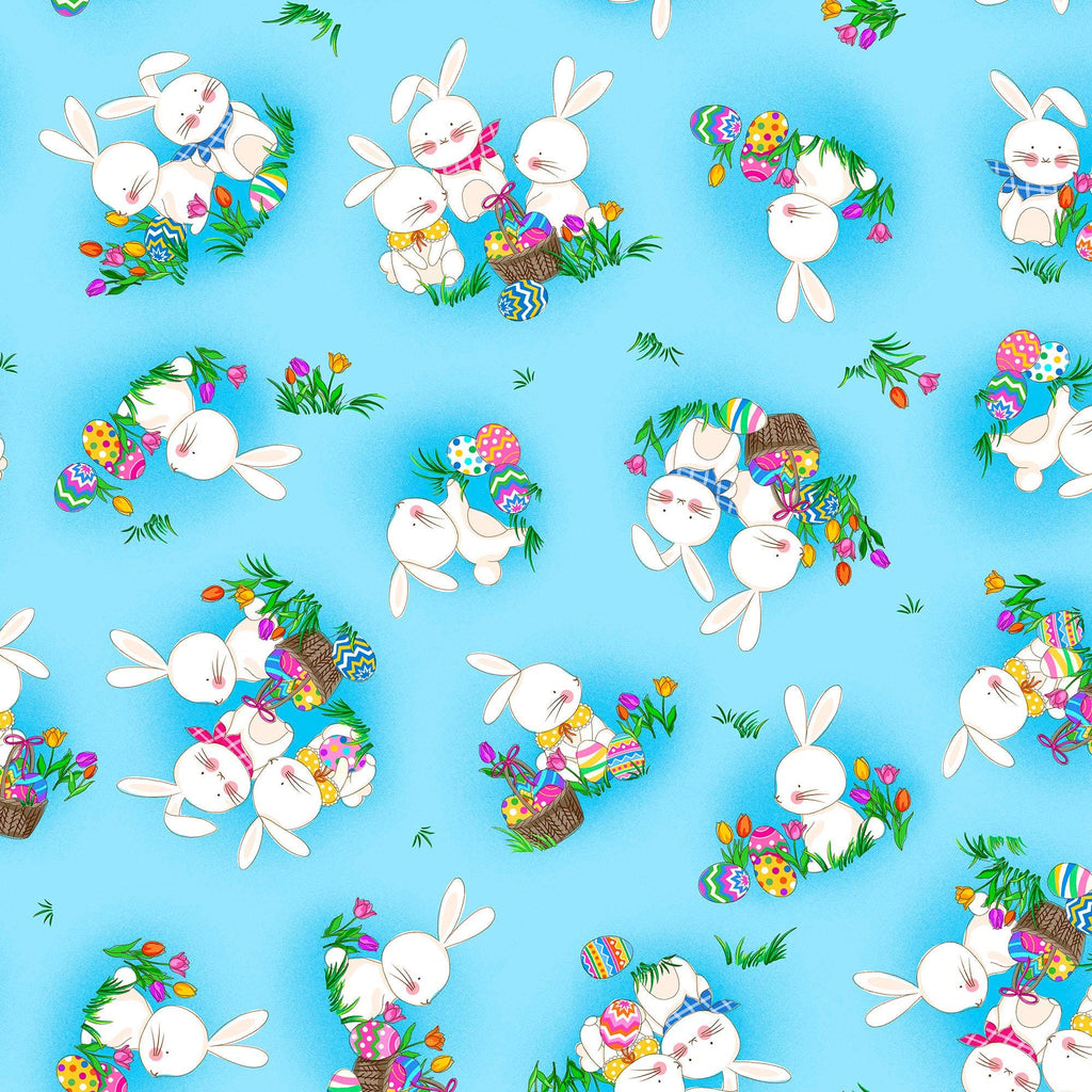 Image of the Hoppy Easter Easter Bunnies Blue quilting cotton fabric by EunYoung Otsuki for QT Fabrics. Features bunnies on a blue background. Cute Little Fabric Shop