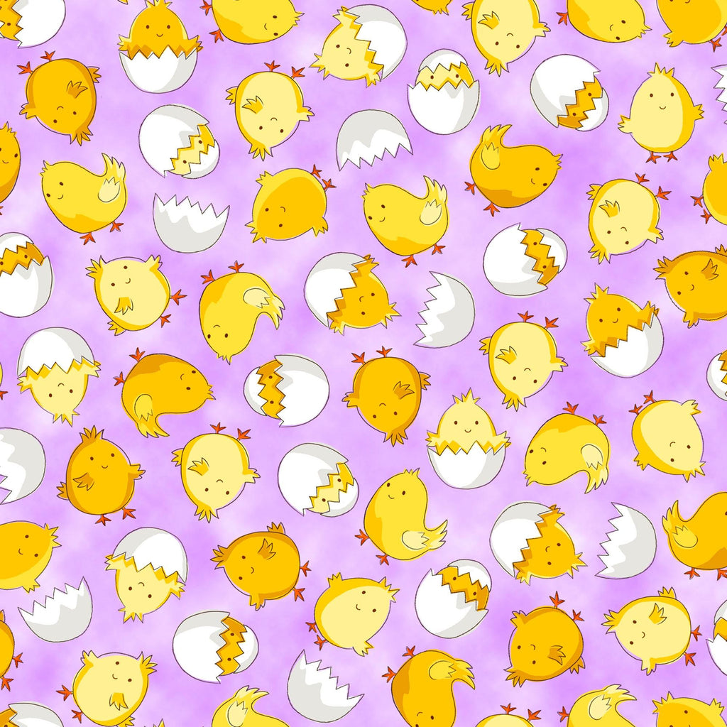 Image of the Hoppy Easter Chicks Lilac quilting cotton fabric by EunYoung Otsuki for QT Fabrics. Features chicks on a purple background. Cute Little Fabric Shop