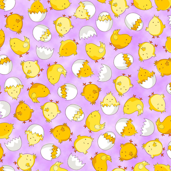Image of the Hoppy Easter Chicks Lilac quilting cotton fabric by EunYoung Otsuki for QT Fabrics. Features chicks on a purple background. Cute Little Fabric Shop