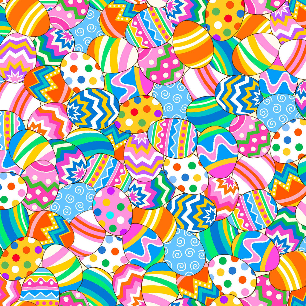 Image of the Hoppy Easter Easter Eggs Multi quilting cotton fabric by EunYoung Otsuki for QT Fabrics. Features eggs on a fabric background. Cute Little Fabric Shop