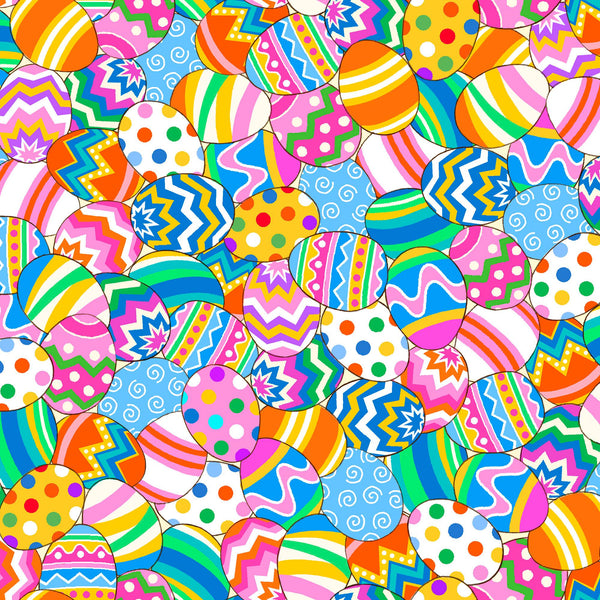 Image of the Hoppy Easter Easter Eggs Multi quilting cotton fabric by EunYoung Otsuki for QT Fabrics. Features eggs on a fabric background. Cute Little Fabric Shop