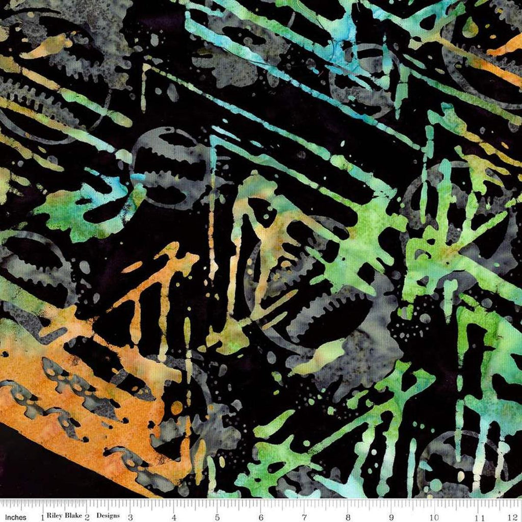 Image of the Expressions Batiks Lets Play Ball! Marmalade Splash quilting cotton batik fabric by Riley Blake Designs. Features sports balls and stripes on a black fabric. 
Cute Little Fabric Shop