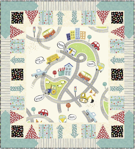 Image of the Vroom Vroom On the ROad quilt kit by QT Fabrics. Features a road with cars. 
Cute Little Fabric Shop
