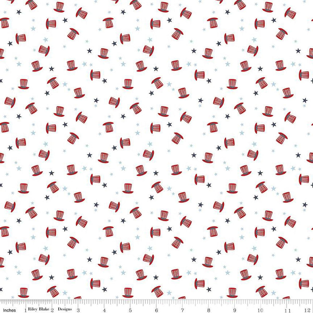 Image of the Stars and Stripes Forever Hats White quilting cotton fabric by Lori Whitlock for Riley Blake Designs. Features hats on a white background. Cute Little Fabric Shop