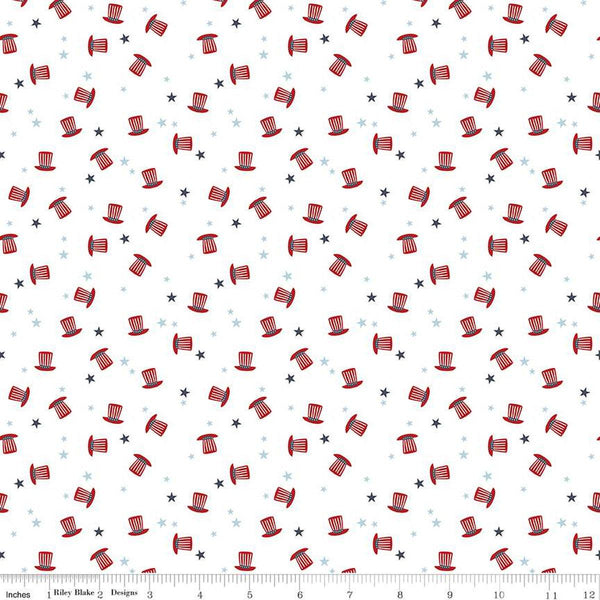 Image of the Stars and Stripes Forever Hats White quilting cotton fabric by Lori Whitlock for Riley Blake Designs. Features hats on a white background. Cute Little Fabric Shop