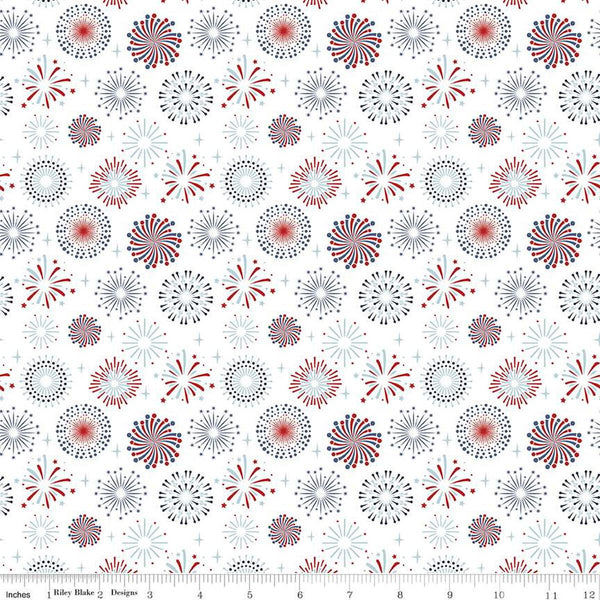 Image of the Stars and Stripes Forever Fireworks White quilting cotton fabric by Lori Whitlock for Riley Blake Designs. Features fireworks on a white background. Cute Little Fabric Shop