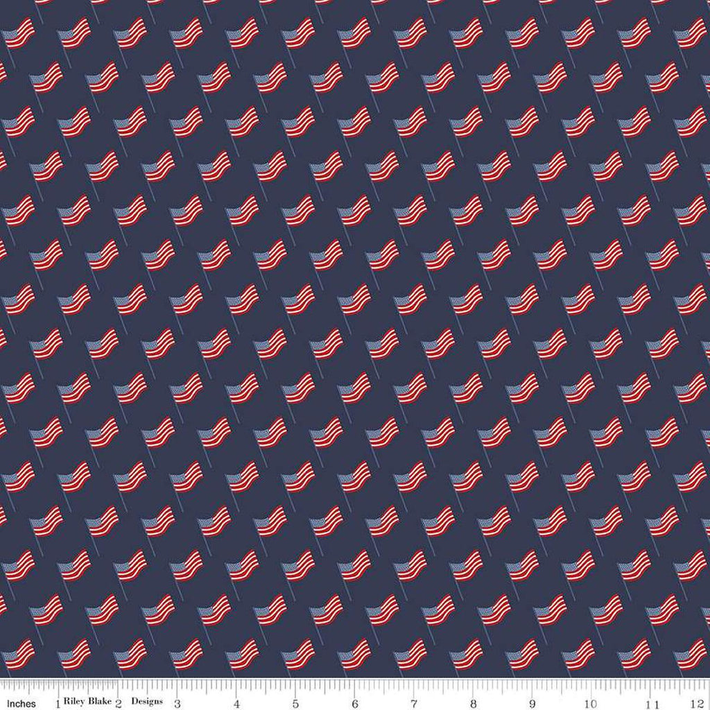 Image of the Stars and Stripes Forever Flags Navy quilting cotton fabric by Lori Whitlock for Riley Blake Designs. Features flags on a blue background. Cute Little Fabric Shop