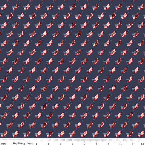 Image of the Stars and Stripes Forever Flags Navy quilting cotton fabric by Lori Whitlock for Riley Blake Designs. Features flags on a blue background. Cute Little Fabric Shop