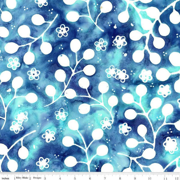 Image of the Expressions Batiks Sassy and Tweet Aegean  quilting cotton fabric. Features an abstract design on a blue background. Cute Little Fabric Shop