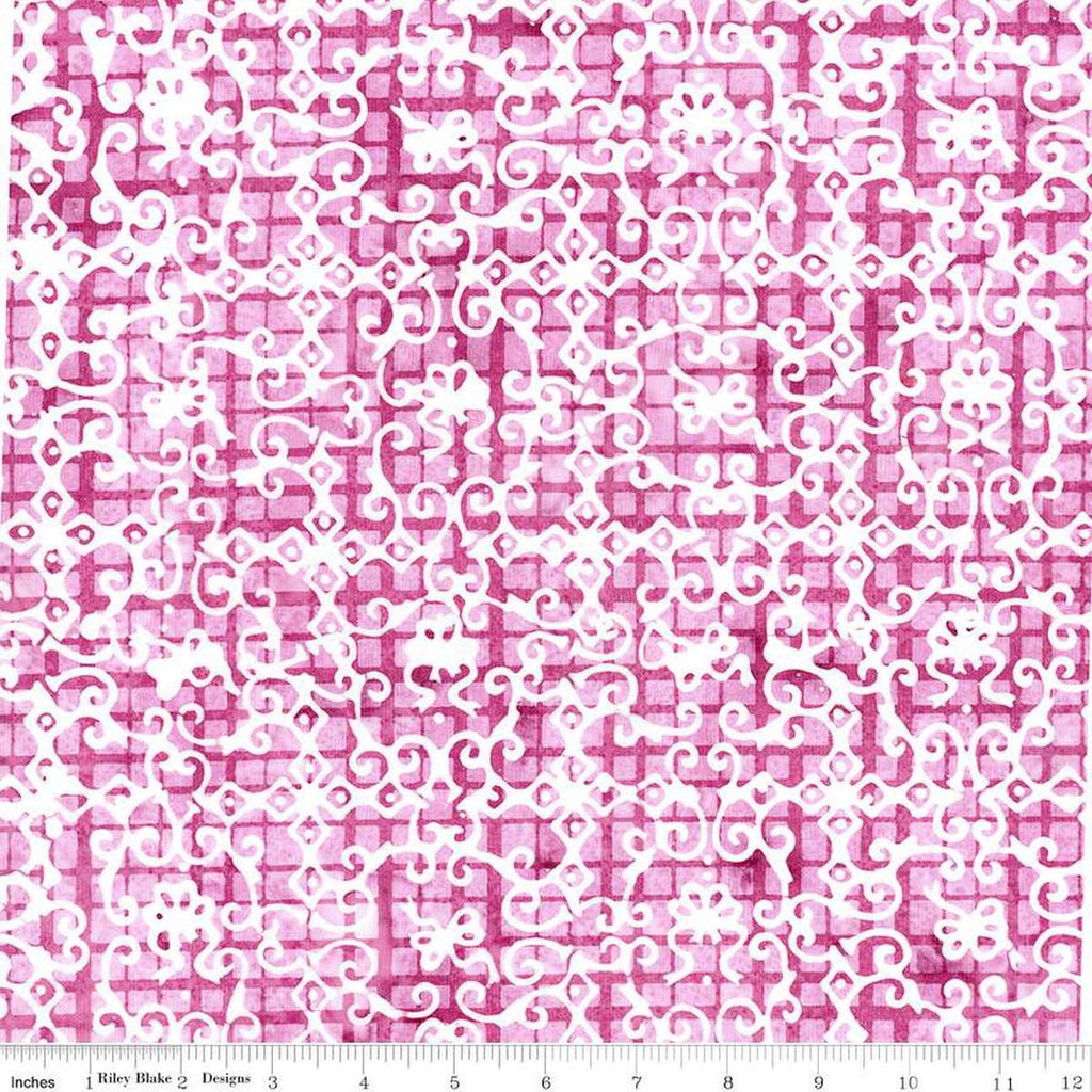 Image of the Expressions Batiks Sassy and Tweet Rizzmic Berry quilting cotton fabric. Features an abstract design on a pink background. Cute Little Fabric Shop