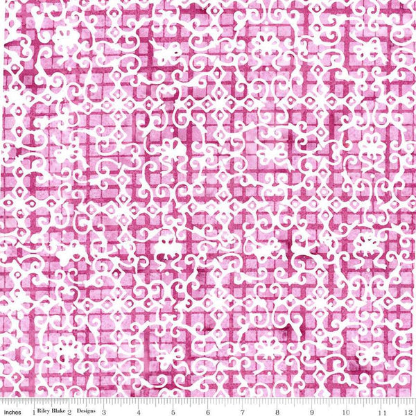 Image of the Expressions Batiks Sassy and Tweet Rizzmic Berry quilting cotton fabric. Features an abstract design on a pink background. Cute Little Fabric Shop