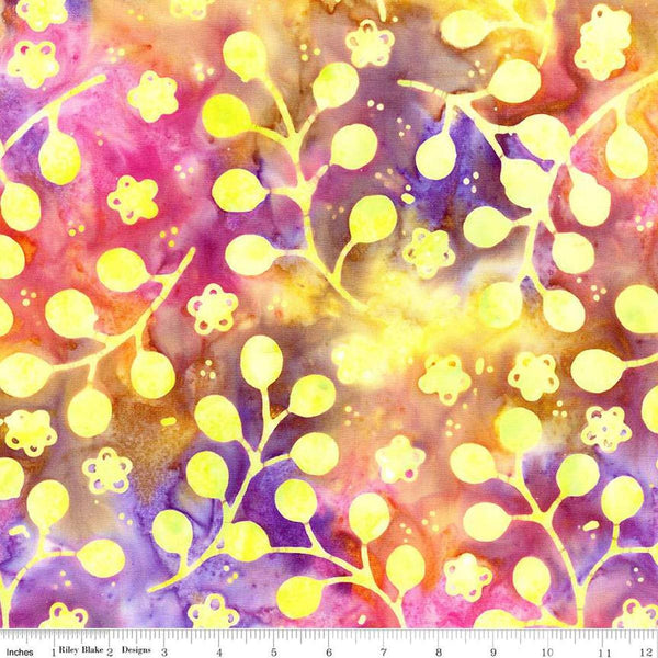 Image of the Expressions Batiks Sassy and Tweet Golden Moxie quilting cotton fabric. Features an abstract design on a yellow background. Cute Little Fabric Shop