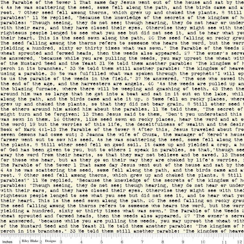 Image of the Sewing Seeds III Seed Sower Parchment quilting cotton fabric by Lori Holt for Riley Blake Designs. Features words on a white background. Cute Little Fabric Shop