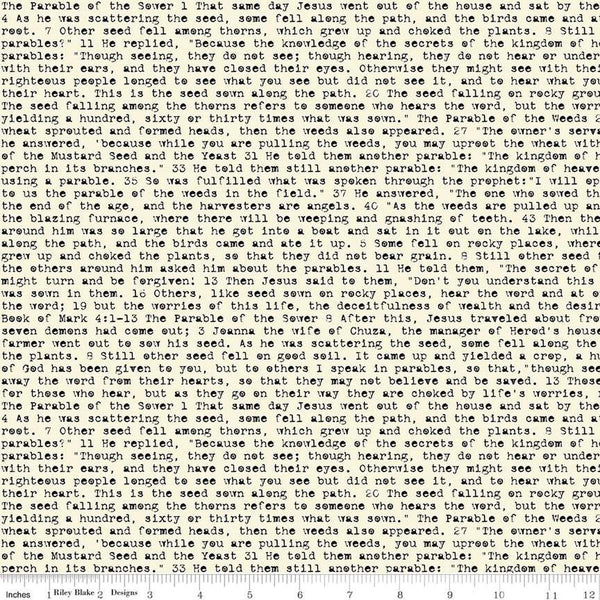 Image of the Sewing Seeds III Seed Sower Parchment quilting cotton fabric by Lori Holt for Riley Blake Designs. Features words on a white background. Cute Little Fabric Shop